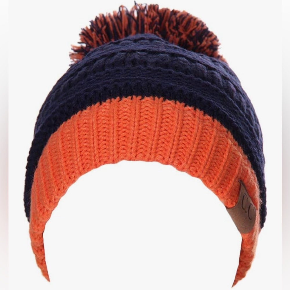 University College School Team Color Pom Pom Skully Beanie Hat Cap. Navy Orange